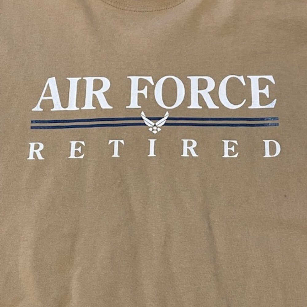 Tan Gildan Air Force Retired t-shirt.